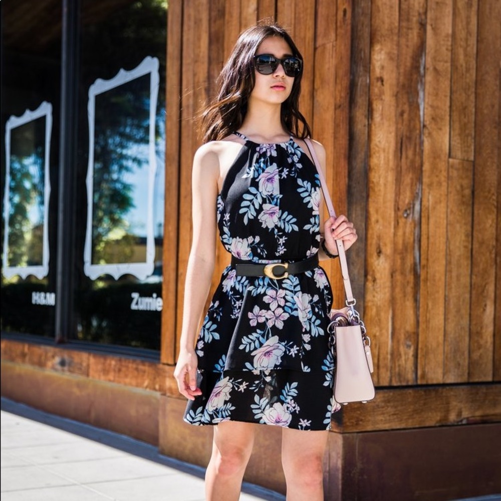 Aqua Black Sleeveless Halter Neck Floral Dress size XS